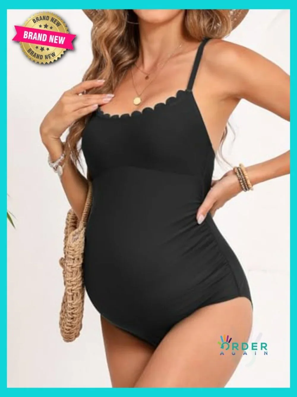 Scoop Neck Maternity Swimsuit Scalloped Lace Up Back Criss Cross Tie One Piece